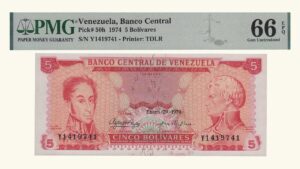 VENEZUELA, 5 Bolívares, Enero-29-1974, Serie Y7, PMG66-EPQ.