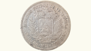 VENEZUELA, 50 Centavos, 1874, XF.  **CINCO REALES**