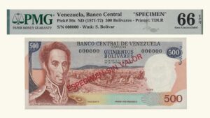VENEZUELA, 500 Bolívares, 1971/1972, PMG66-EPQ.  **ESPECIMEN SIN VALOR**
