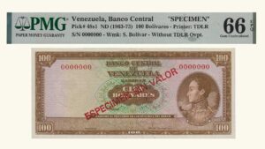 VENEZUELA, 100 Bolívares, 1963-1973, S/S 7, PMG66-EPQ.  **ESPECIMEN SIN VALOR**