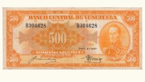 VENEZUELA, 500 Bolívares, Septiembre-4-1947, Serie B6, VF+  **CANARIO**