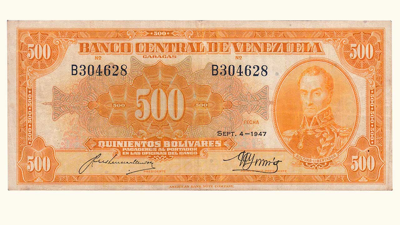 EE.UU. DE VENEZUELA, 500 Bolívares, Septiembre-4-1947, Serie B6, VF+ ...