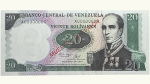 VENEZUELA, 20 Bolívares, Octubre-20-1987, Serie A8, UNC.  **MUESTRA SIN VALOR**