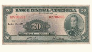 VENEZUELA, 20 Bolívares, Junio-13-1957, Serie Q7, VF.