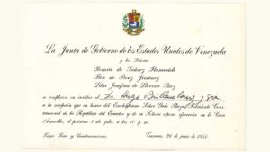 EE.UU. de Venezuela, Tarjeta de Invitación, de la Junta de Gobierno al Dr. Hugo Brillembourg, 1951.