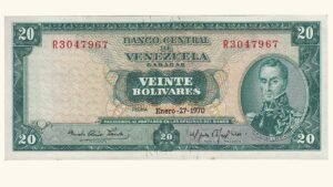 VENEZUELA, 20 Bolívares, Enero-27-1970, Serie R7, AU
