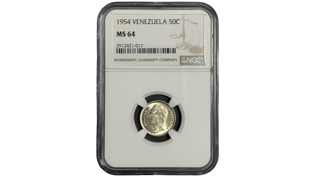 VENEZUELA, 50 Centimos 1954, NGC MS64. **1/2 BOLIVAR - REAL**