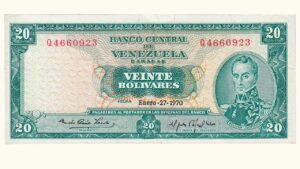 VENEZUELA, 20 Bolívares, Enero-27-1970, Serie Q7, VF+