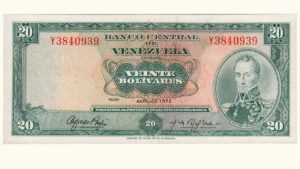 VENEZUELA, 20 Bolívares, Abril-11-1972, Serie Y7, XF+