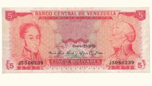 VENEZUELA, 5 Bolívares, Enero-27-1970, Serie J7, VF.
