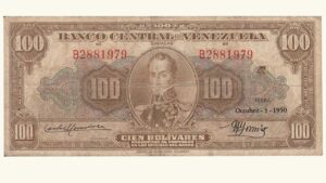 VENEZUELA, 100 Bolívares, Octubre-5-1950, Serie B7, VF.  **CHOCOLATE**