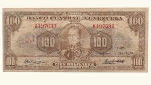 VENEZUELA, 100 Bolívares, Septiembre-24-1959, Serie K6, F.  **CHOCOLATE**