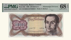 VENEZUELA, 100 Bolívares, Mayo-31-1990, Serie V8, PMG68-EPQ.  **ERROR DE IMPRESION**