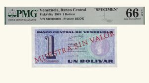 VENEZUELA, 1 Bolívar, Octubre-5-1989, Serie X8, PMG66-EPQ.  **TINOQUITO / MUESTRA**