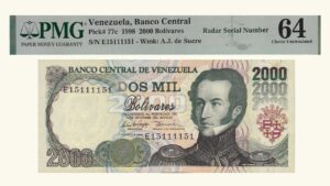 VENEZUELA, 2000 Bolívares, Agosto-6-1998, Series E8, PMG64.  **CAPICUA O RADAR**