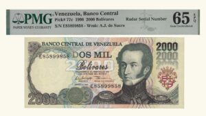 VENEZUELA, 2000 Bolívares, Agosto-6-1998, Series E8, PMG65-EPQ.  **CAPICUA O RADAR**