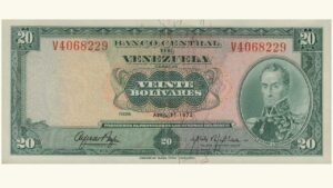 VENEZUELA, 20 Bolívares, Abril-11-1972, Serie V7, AU