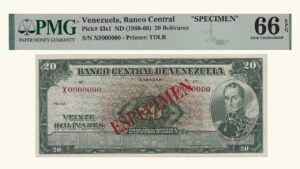 VENEZUELA, 20 Bolívares, 1960/1966, Serie X7, PMG66-EPQ.  **ESPECIMEN**