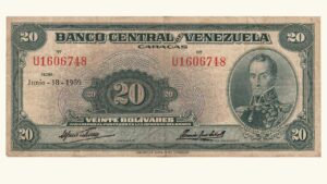 VENEZUELA, 20 Bolívares, Junio-18-1959, Serie U7, VF.