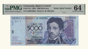 VENEZUELA, 5000 Bolívares, Mayo-25-2004, Series E8, PMG64.  **CAPICUA O RADAR**