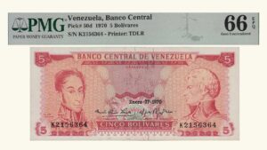 VENEZUELA, 5 Bolívares, Enero-27-1970, Serie K7, PMG66-EPQ.