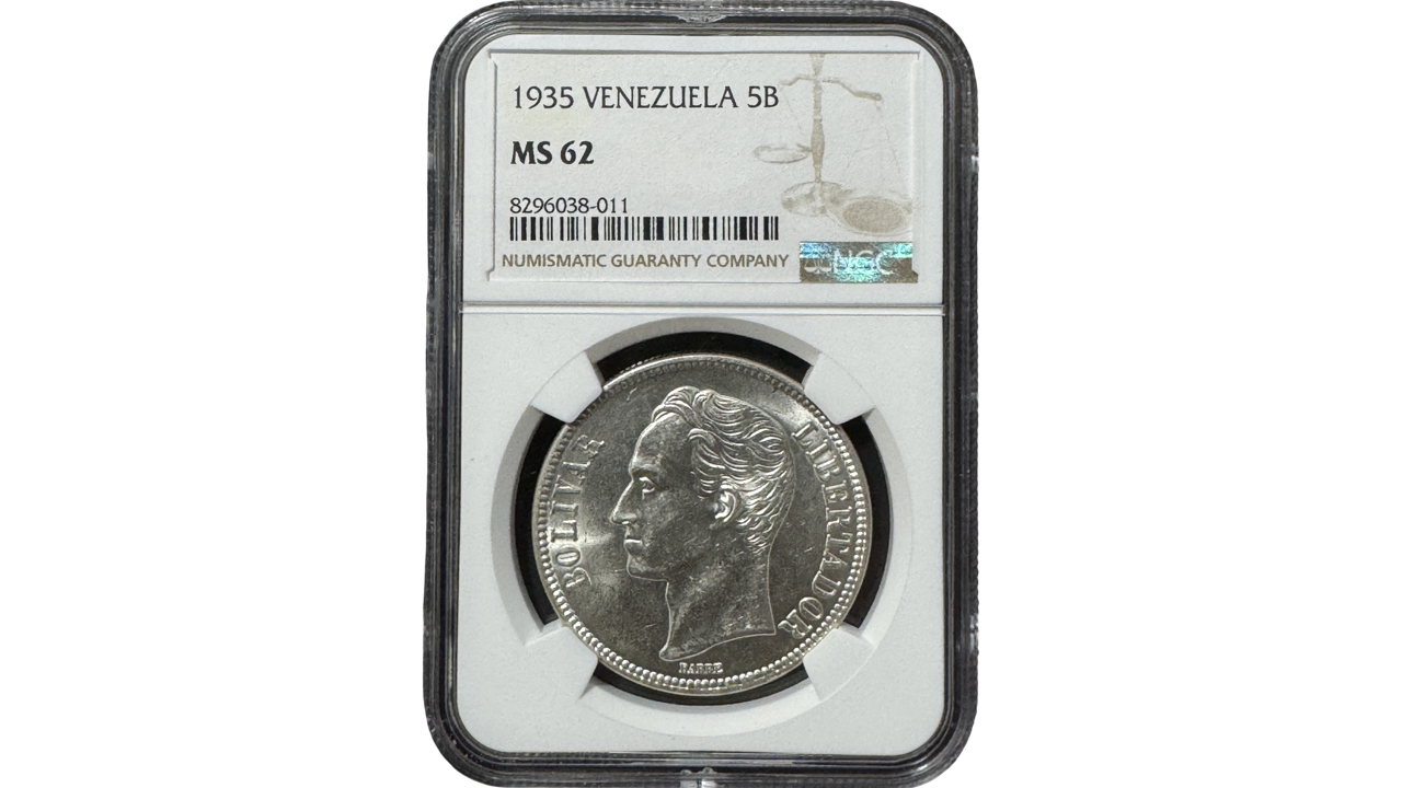 EE.UU. DE VENEZUELA, 5 Bolívares, 1935, NGC MS62. **FUERTE**