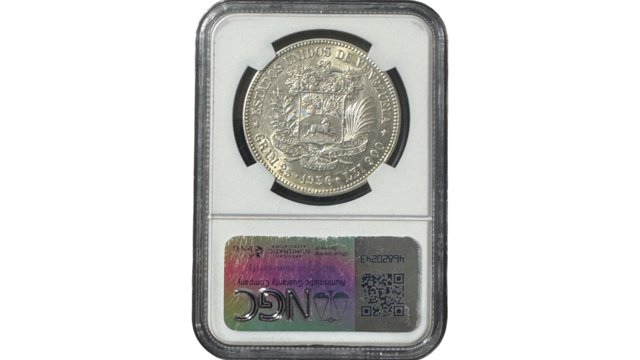 EE.UU. DE VENEZUELA, 5 Bolivares, 1936, NGC MS61. **FUERTE** - Imagen 2