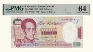 VENEZUELA, 1000 Bolívares, Junio-5-1995, Serie W9, PMG64  **REPOSICION**