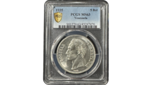 VENEZUELA, 5 Bolívares, 1935, PCGS MS63. **FUERTE**