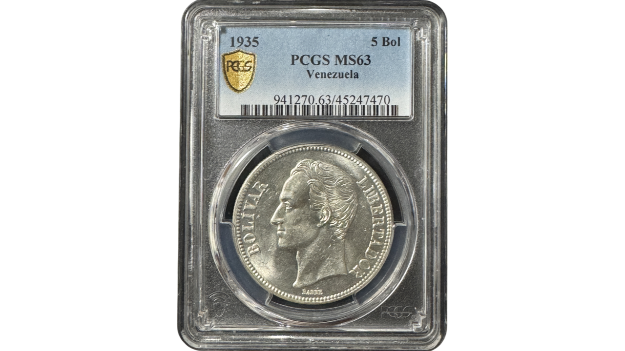 VENEZUELA, 5 Bolívares, 1935, PCGS MS63. **FUERTE**