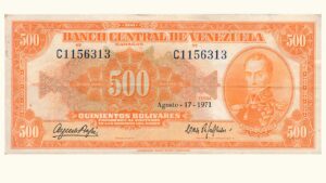 VENEZUELA, 500 Bolívares, Agosto-17-1971, Serie C7, XF.  **CANARIO**