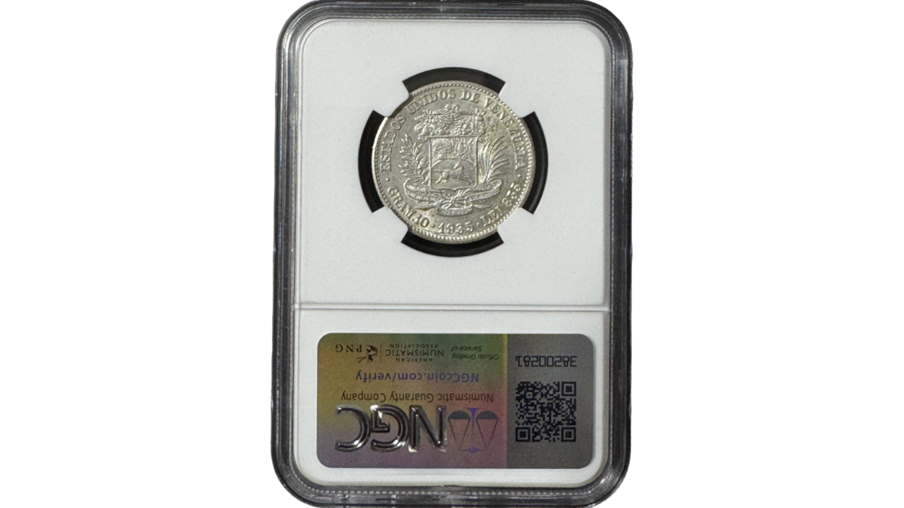 EE.UU. DE VENEZUELA, 2 Bolívares, 1935, NGC MS62. - Imagen 2