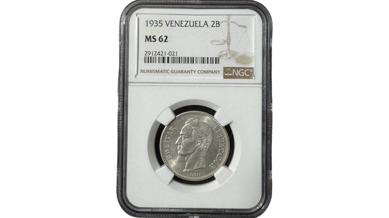 EE.UU. DE VENEZUELA, 2 Bolívares, 1935, NGC MS62.