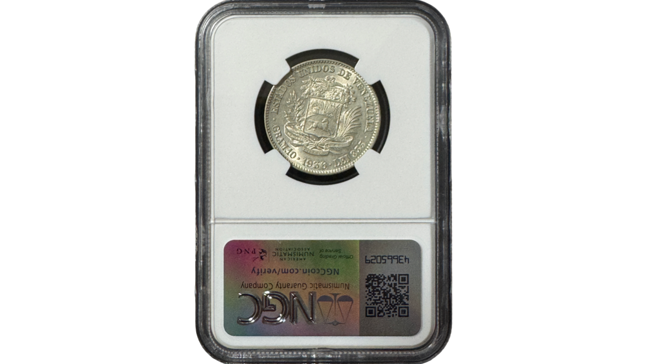 EE.UU. DE VENEZUELA, 2 Bolívares, 1936, NGC MS62. - Imagen 2