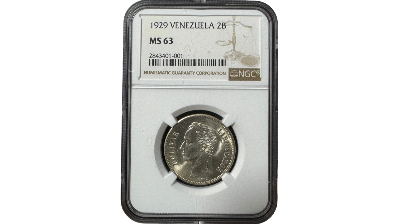EE.UU. DE VENEZUELA, 2 Bolívares, 1929, NGC MS63.