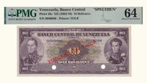 VENEZUELA, 10 Bolívares, 1963 – 1970, S/S7, PMG 64.  **ESPECIMEN SIN VALOR**