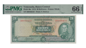 VENEZUELA, 20 Bolívares, Enero-29-1974, Serie B7, PMG66-EPQ.