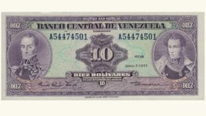 VENEZUELA, 10 Bolívares, Junio-7-1977, Serie A8, AU.