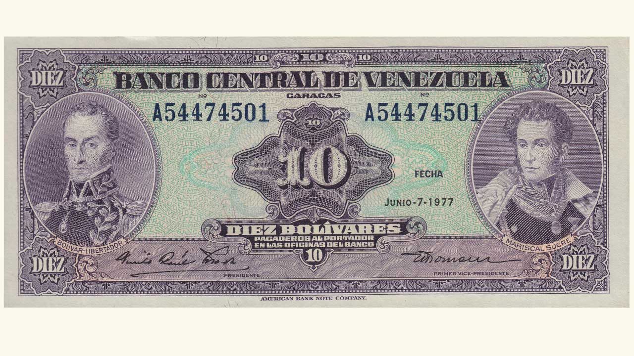 VENEZUELA, 10 Bolívares, Junio-7-1977, Serie A8, AU.