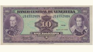 VENEZUELA, 10 Bolívares, Enero-27-1976, Serie J8, XF+