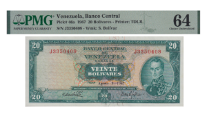 VENEZUELA, 20 Bolívares, Agosto-8-1967, Serie J7, PMG64-Choice Uncirculated.