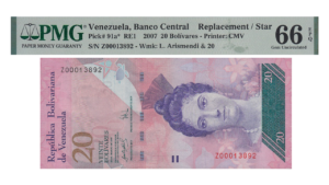 VENEZUELA, 20 Bolívares Fuertes, Marzo-20-2007, Serie Z8, PMG-66-EPQ **REPOSICION**