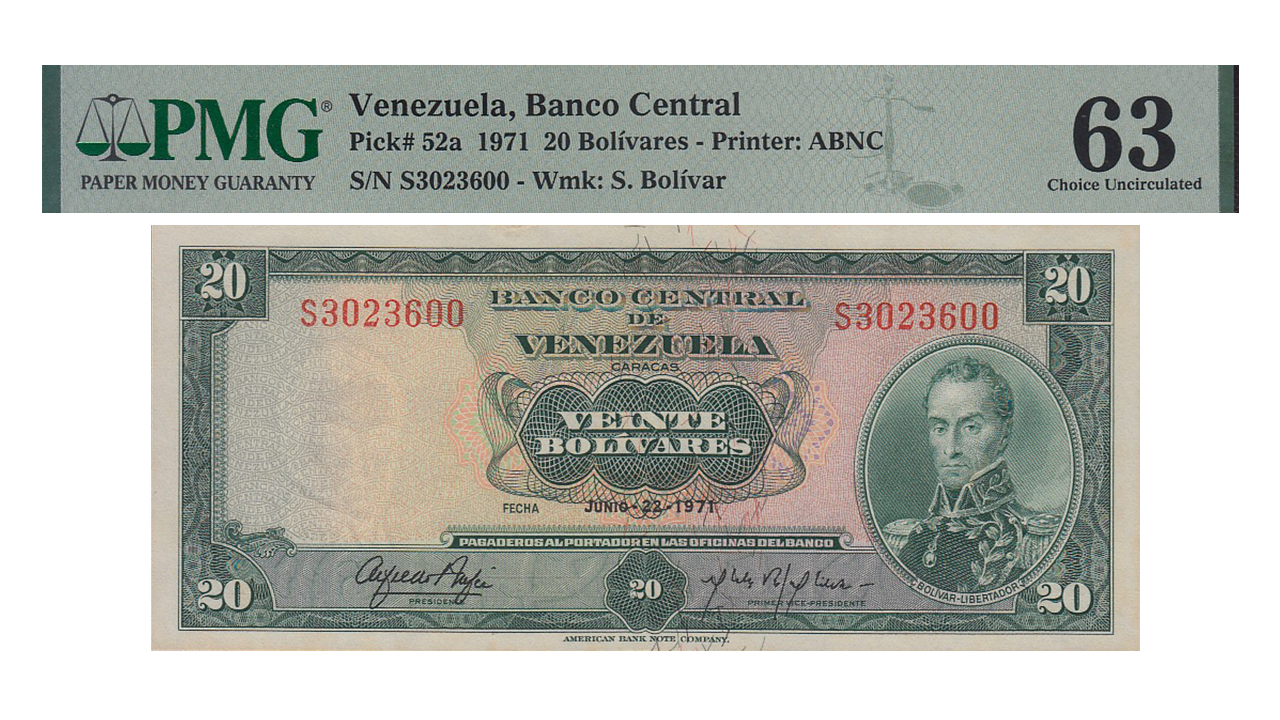 VENEZUELA, 20 Bolívares, Junio-22-1971, Serie S7, PMG63.