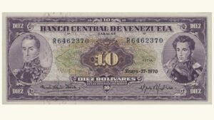 VENEZUELA, 10 Bolívares, Enero-27-1970, Serie R7, AU