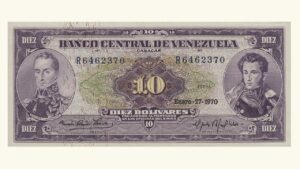 VENEZUELA, 10 Bolívares, Enero-27-1970, Serie R7, AU