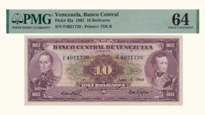 VENEZUELA, 10 Bolívares, Junio-6-1961, Serie F7, PMG64.  **CARA VOLTEADA**