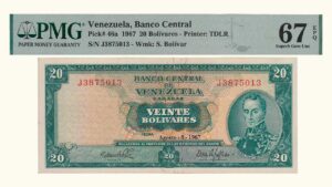 VENEZUELA, 20 Bolívares, Agosto-8-1967, Serie J7, PMG67-EPQ.