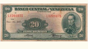 VENEZUELA, 20 Bolívares, Mayo-26-1955, Serie L7, VF.