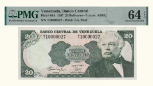 VENEZUELA, 20 Bolívares, Junio-7-1987, Serie T8, PMG64-EPQ.  **SERIAL BAJO**
