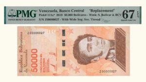 VENEZUELA, 50.000 Bolívares Soberanos, Enero-22-2019, Serie Z8, PMG67-EPQ.  **REPOSICION SERIAL BAJO**